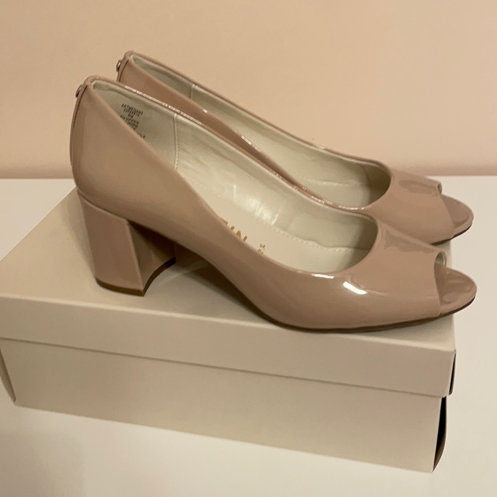 Ann Klein Patent Open Toe Block Heels